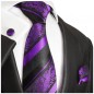 Preview: Krawatte lila barock gestreift Seidenkrawatte - Seide - Krawatte mit Einstecktuch und Manschettenknöpfe
