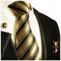 Preview: Brown black striped mens tie and pocket square and cufflinks