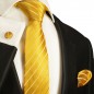 Preview: Krawatte gold gestreift Seidenkrawatte - Seide - Krawatte mit Einstecktuch und Manschettenknöpfe