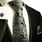 Preview: Krawatte silber grau paisley Seidenkrawatte - Seide - Krawatte mit Einstecktuch und Manschettenknöpfe