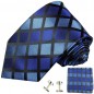 Preview: Krawatte blau kariert Seidenkrawatte - Seide - Krawatte mit Einstecktuch und Manschettenknöpfe