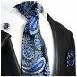 Preview: Krawatte blau schwarz mit Einstecktuch und Manschettenknöpfen paisley Seide 551