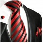 Preview: Red necktie black striped silk tie and pocket square and cufflinks