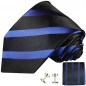 Preview: Krawatte blau schwarz gestreift Seidenkrawatte - Seide - Krawatte mit Einstecktuch und Manschettenknöpfe