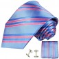 Preview: Krawatte blau gestreift Seidenkrawatte - Seide - Krawatte mit Einstecktuch und Manschettenknöpfe