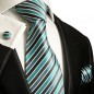 Preview: turquoise gray mens tie striped necktie - silk tie and pocket square and cufflinks