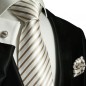 Preview: Krawatte cappuccino gestreift Seidenkrawatte - Seide - Krawatte mit Einstecktuch und Manschettenknöpfe