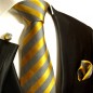 Preview: Krawatte gold grau gestreift Seidenkrawatte - Seide - Krawatte mit Einstecktuch und Manschettenknöpfe