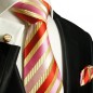 Preview: Krawatte gold rot pink gestreift Seidenkrawatte - Seide - Krawatte mit Einstecktuch und Manschettenknöpfe