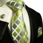 Preview: Krawatte grün kariert Seidenkrawatte - Seide - Krawatte mit Einstecktuch und Manschettenknöpfe