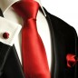 Preview: Krawatte rot uni Seidenkrawatte - Seide - Krawatte mit Einstecktuch und Manschettenknöpfe