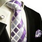 Preview: Krawatte lila kariert Seidenkrawatte - Seide - Krawatte mit Einstecktuch und Manschettenknöpfe