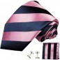Preview: Krawatte pink blau gestreift Seidenkrawatte - Seide - Krawatte mit Einstecktuch und Manschettenknöpfe