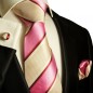 Preview: Krawatte beige pink gestreift Seidenkrawatte - Seide - Krawatte mit Einstecktuch und Manschettenknöpfe