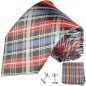 Preview: Krawatte blau rot Schottenmuster Seidenkrawatte - Seide - Krawatte mit Einstecktuch und Manschettenknöpfe