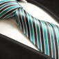 Preview: Krawatte türkis grau gestreift Seidenkrawatte - Seide - Krawatte mit Einstecktuch und Manschettenknöpfe