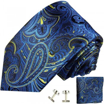 Blue mens tie paisley necktie - silk tie and pocket square and cufflinks