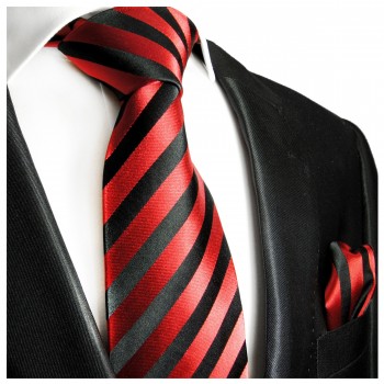 Red necktie black striped silk tie and pocket square