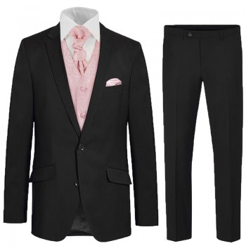 Elegant black Suit with pink barock waistcoat set - Black wedding suit set 6 pcs 100% virgin wool