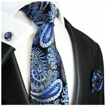 Krawatte blau schwarz mit Einstecktuch und Manschettenknöpfen paisley Seide 551
