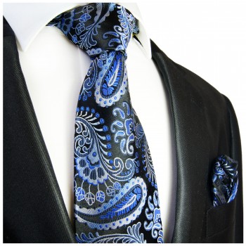 Krawatte blau schwarz mit Einstecktuch paisley Seide 551