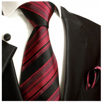 Red necktie black striped silk tie and pocket square and cufflinks