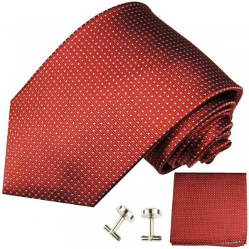 Krawatte rot gepunktet Seidenkrawatte - Seide - Krawatte mit Einstecktuch und Manschettenknöpfe