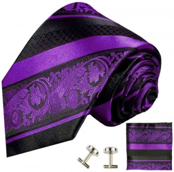 Krawatte lila barock gestreift Seidenkrawatte - Seide - Krawatte mit Einstecktuch und Manschettenknöpfe