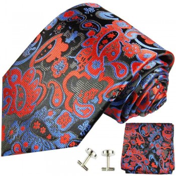 Krawatte schwarz rot paisley Seidenkrawatte - Seide - Krawatte mit Einstecktuch und Manschettenknöpfe