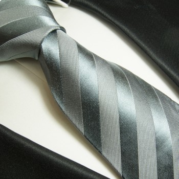 Krawatte silber grau gestreift Seidenkrawatte - Seide - Krawatte mit Einstecktuch und Manschettenknöpfe
