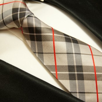 Beige red tie plaid necktie - silk mens tie and pocket square and cufflinks