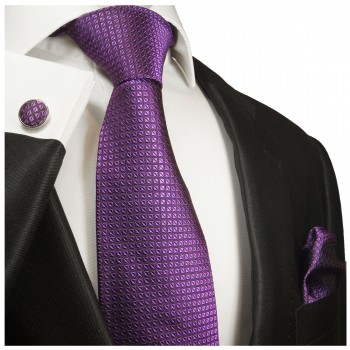 Extra langes Krawatten Set violette 3tlg. 100% Seide + Einstecktuch + Manschettenknöpfe by Paul Malone 2022