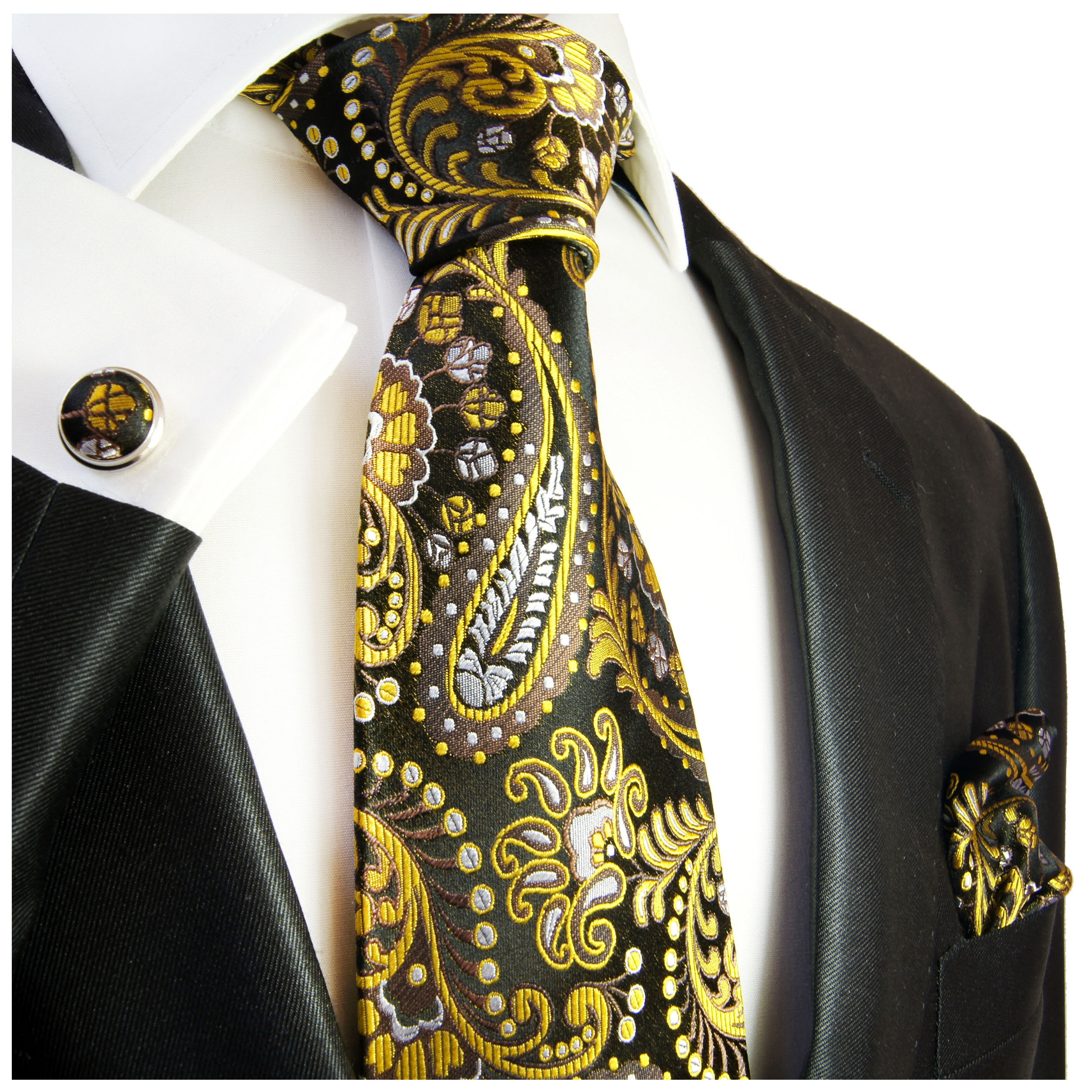 Paul Malone XL necktie (165cm) silk tie black yellow paisley 550 - Paul ...