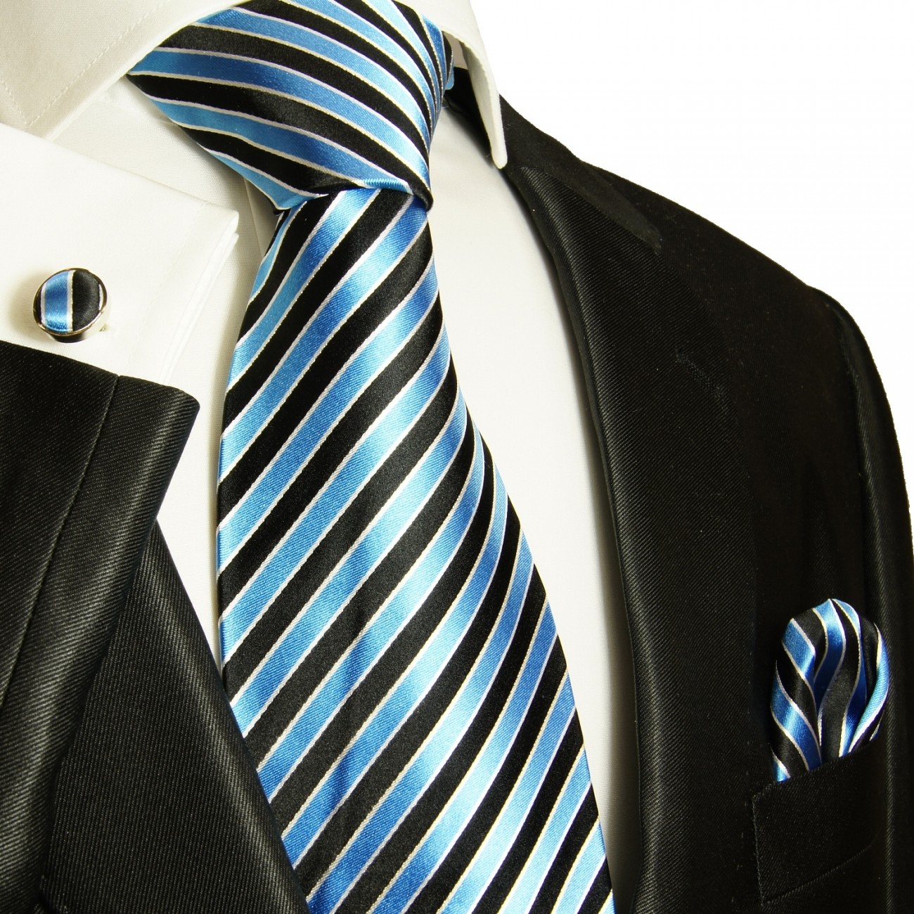 blue mens tie striped necktie - silk tie and pocket square and cufflinks