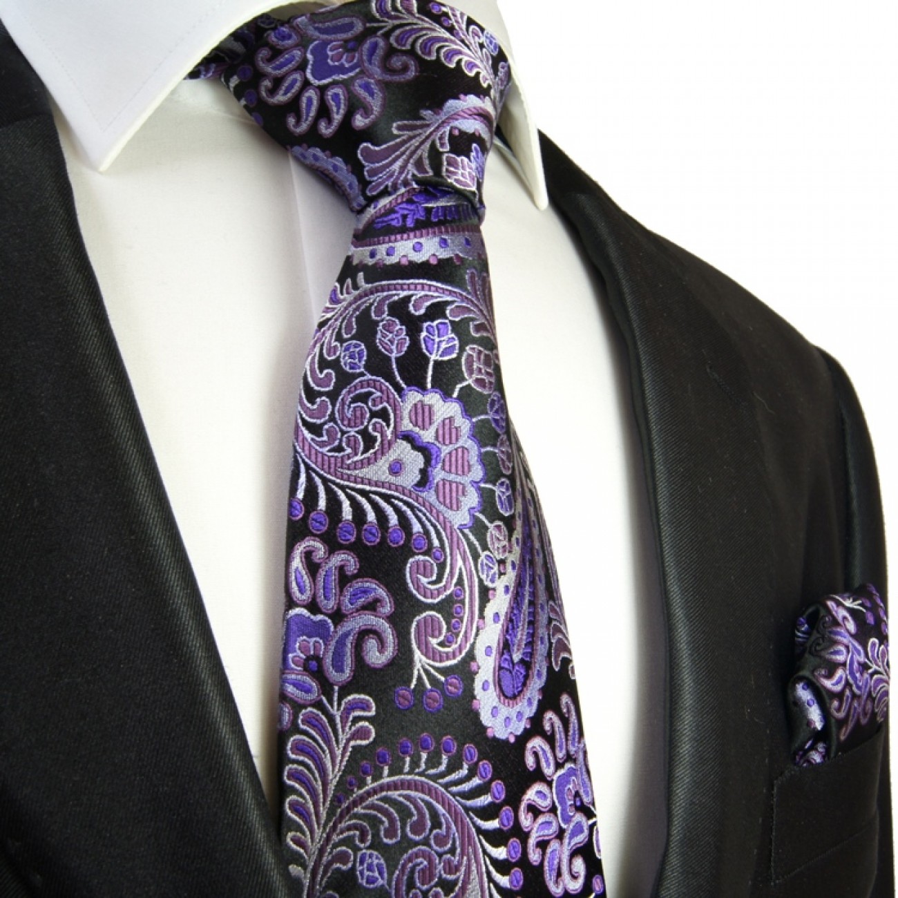 Black purple paisley Necktie Set 2pcs. 100% Silk + Hanky 552 - Paul ...
