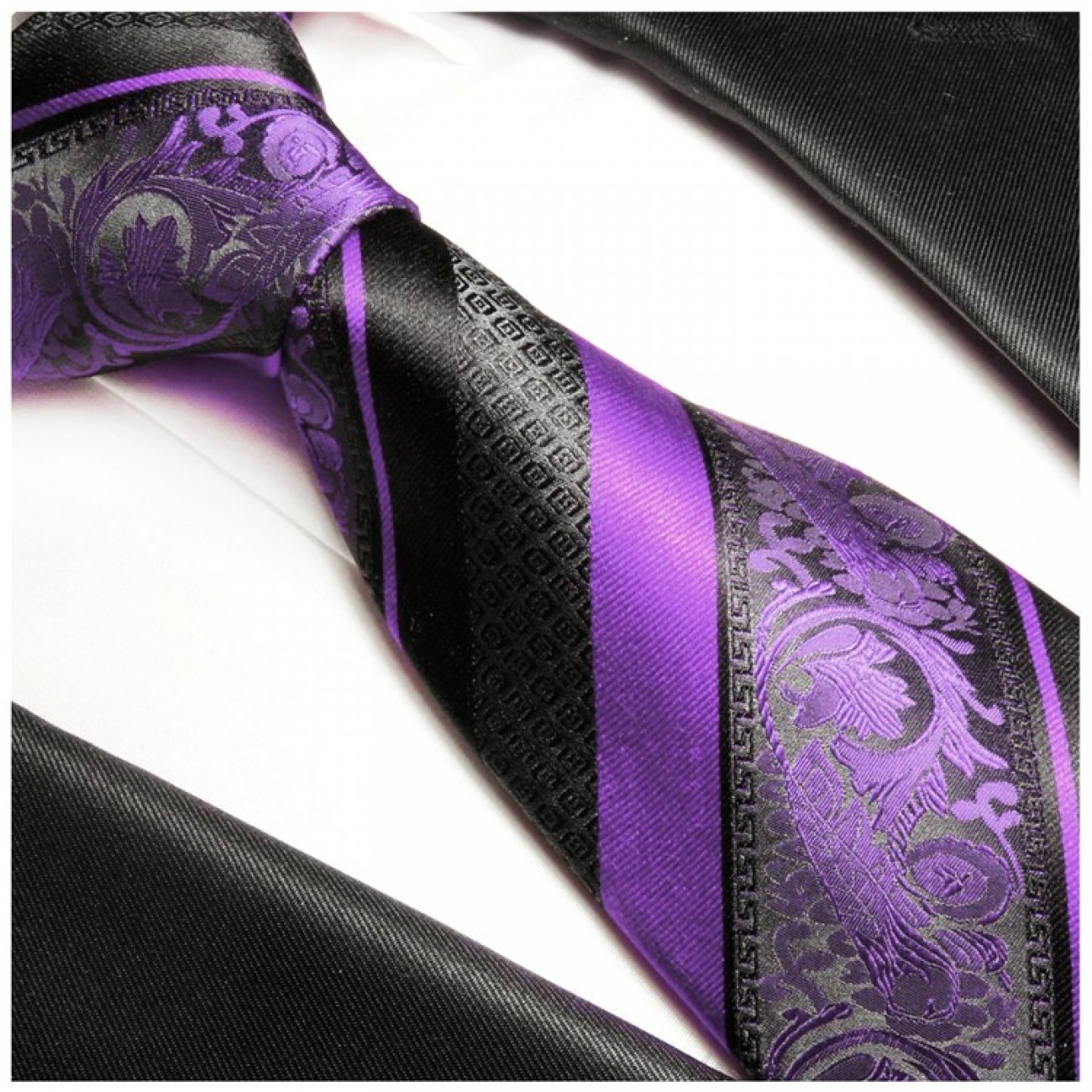 Krawatte lila barock gestreift Seidenkrawatte - Seide - Krawatte mit Einstecktuch und Manschettenknöpfe