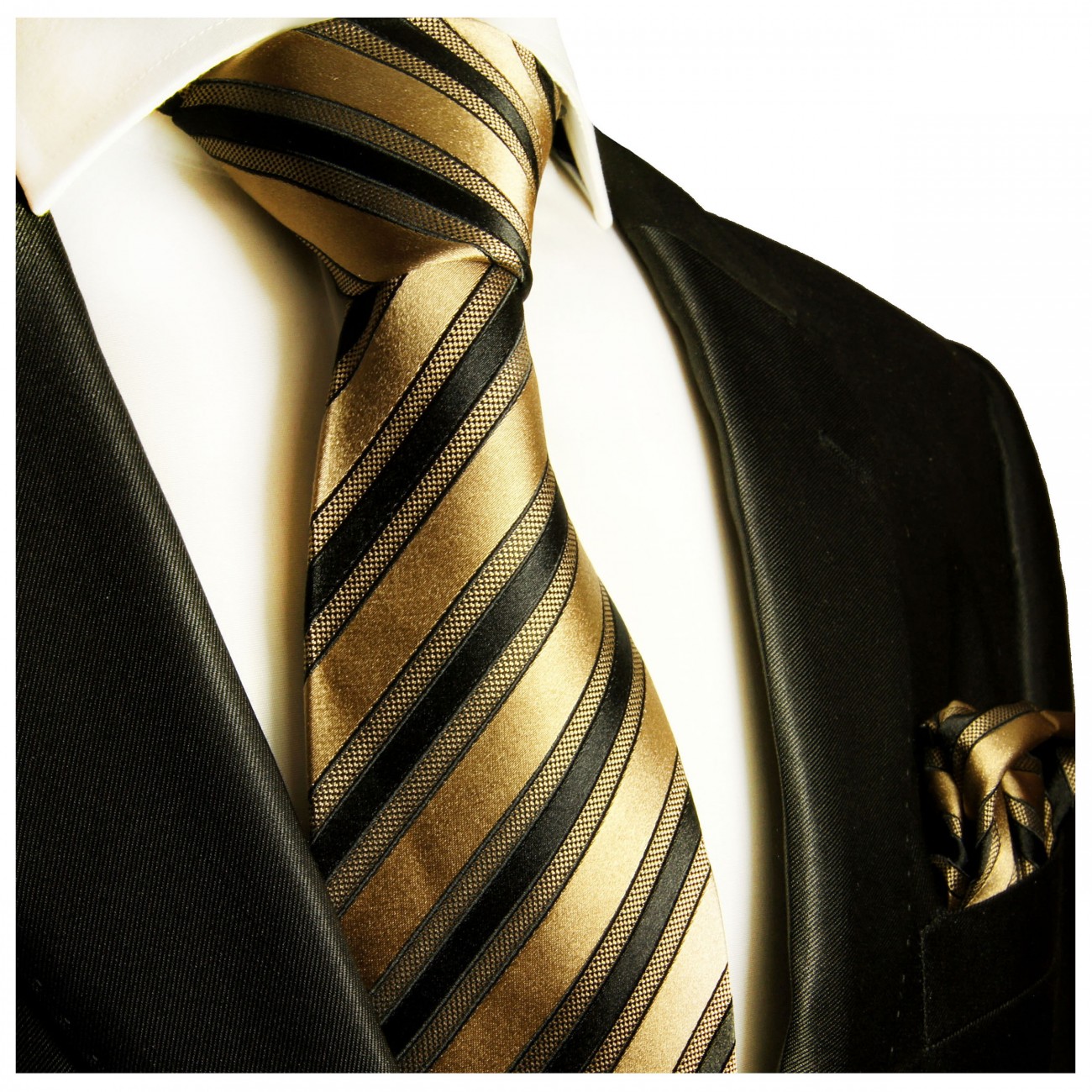 Brown black striped mens tie and pocket square