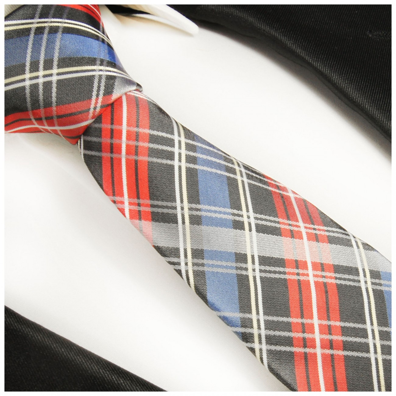 Krawatte blau rot Schottenmuster Seidenkrawatte - Seide - Krawatte mit Einstecktuch und Manschettenknöpfe