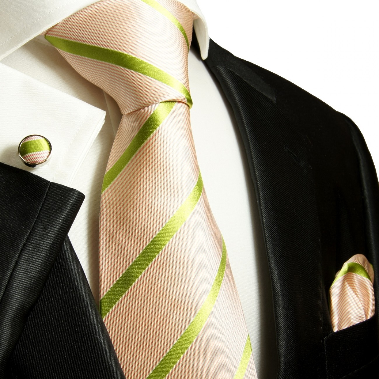 Krawatte lachs grün gestreift Seidenkrawatte - Seide - Krawatte mit Einstecktuch und Manschettenknöpfe