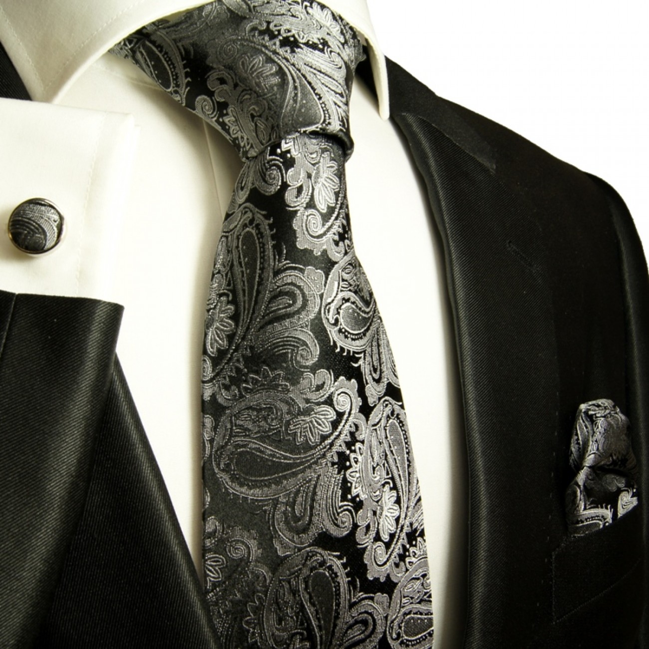 Krawatte silber grau paisley Seidenkrawatte - Seide - Krawatte mit Einstecktuch und Manschettenknöpfe