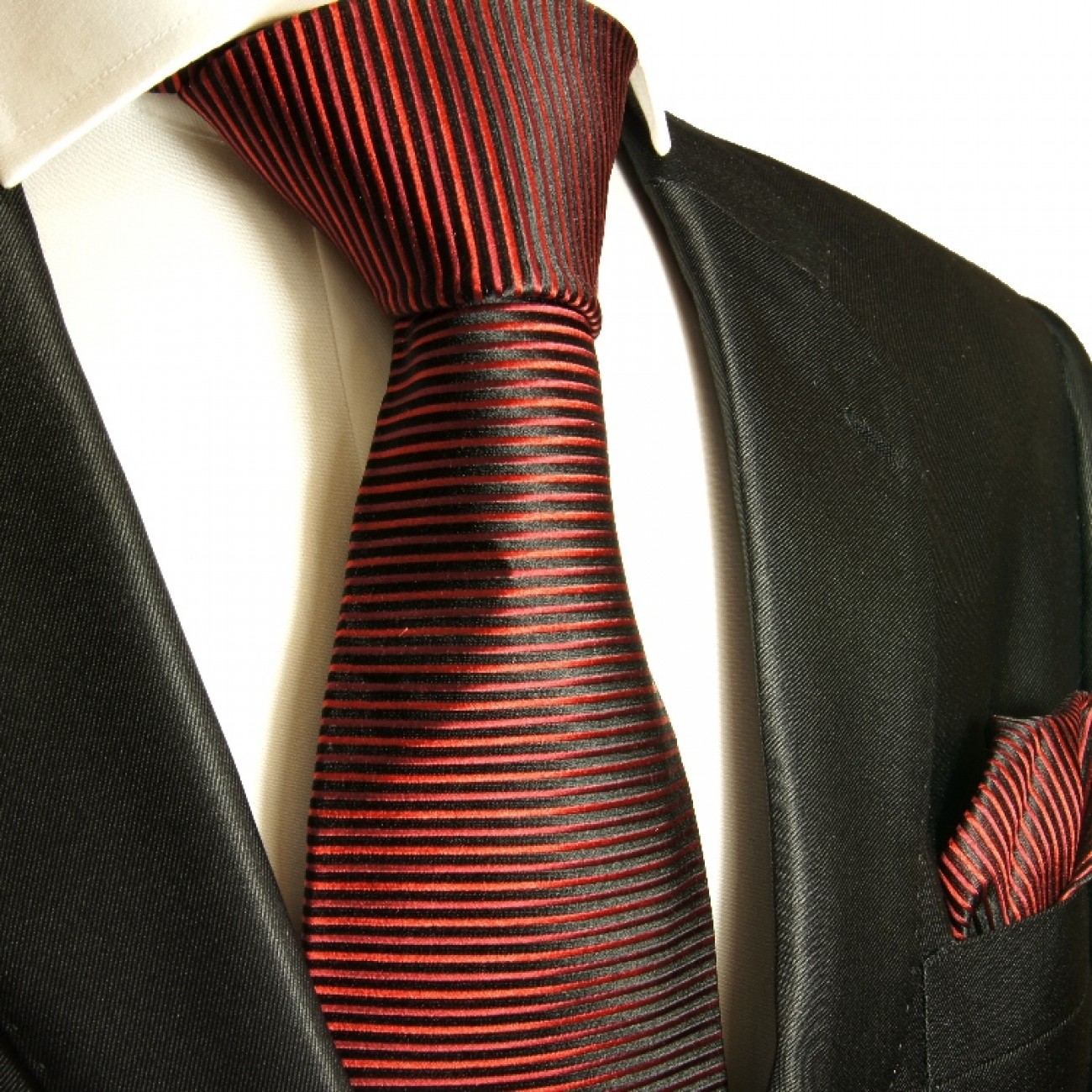 Krawatte rot gestreift Seidenkrawatte - Seide - Krawatte mit Einstecktuch und Manschettenknöpfe