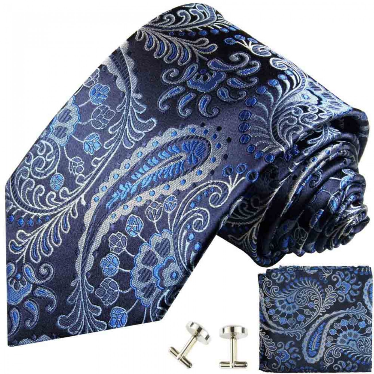 Schwarz blaues 551 Manschettenknöpfe + Shop Set Einstecktuch Seidenkrawatte Malone paisley 3tlg 100% Krawatten + Paul 