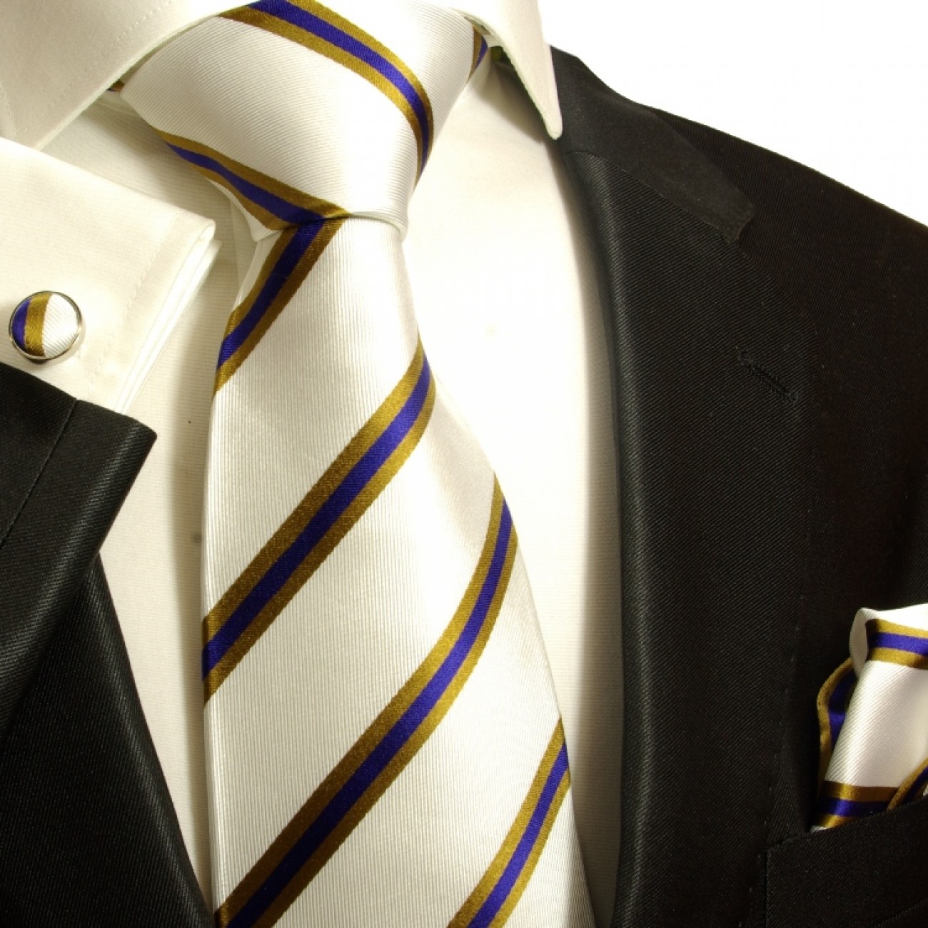 Krawatte blau gestreift Seidenkrawatte - Seide - Krawatte mit Einstecktuch und Manschettenknöpfe