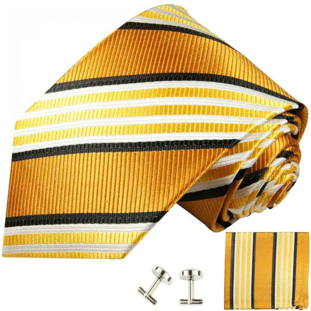 Krawatte gold gestreift Seidenkrawatte - Seide - Krawatte mit Einstecktuch und Manschettenknöpfe