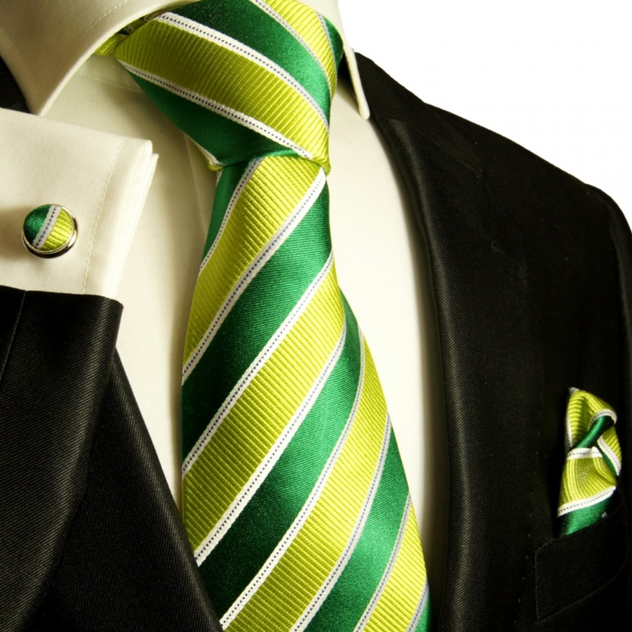 Krawatte grün gestreift Seidenkrawatte - Seide - Krawatte mit Einstecktuch und Manschettenknöpfe