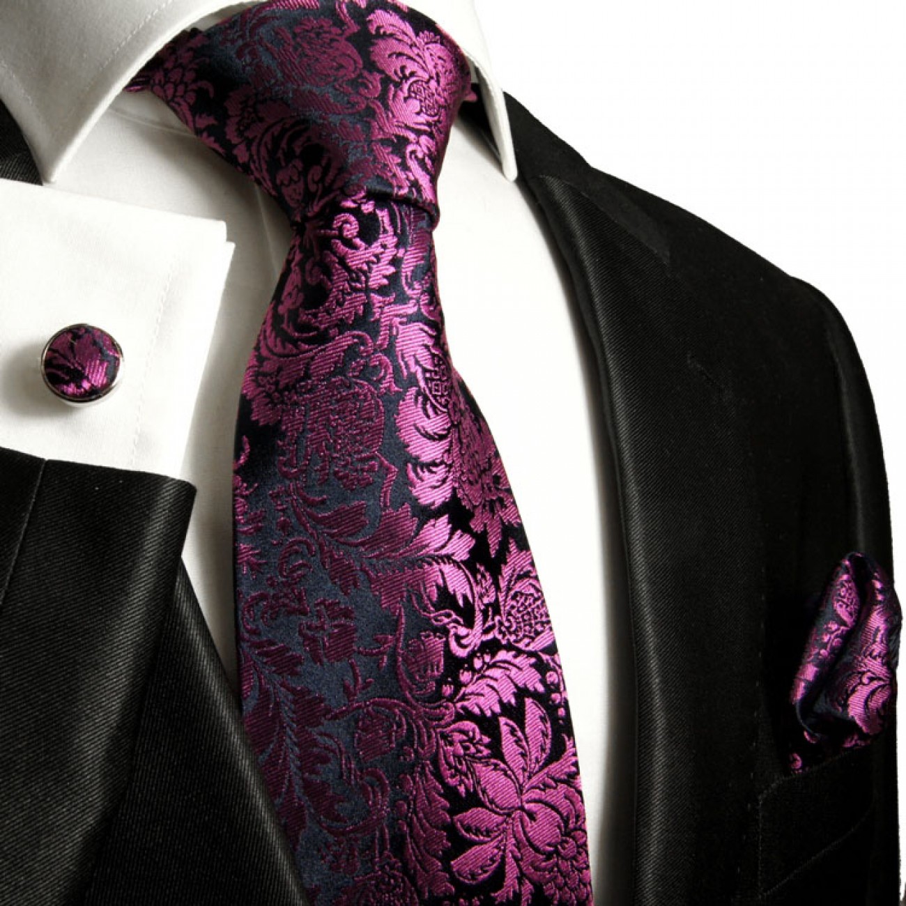 Krawatte pink blau floral Seidenkrawatte - Seide - Krawatte mit Einstecktuch und Manschettenknöpfe