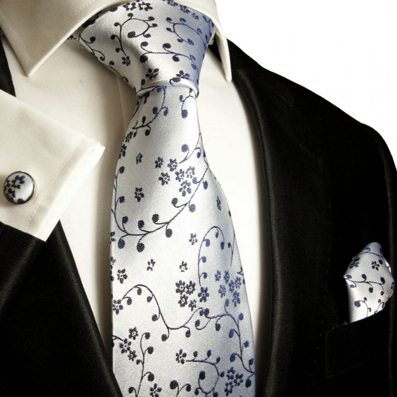 blue tie floral necktie - silk mens tie and pocket square and cufflinks