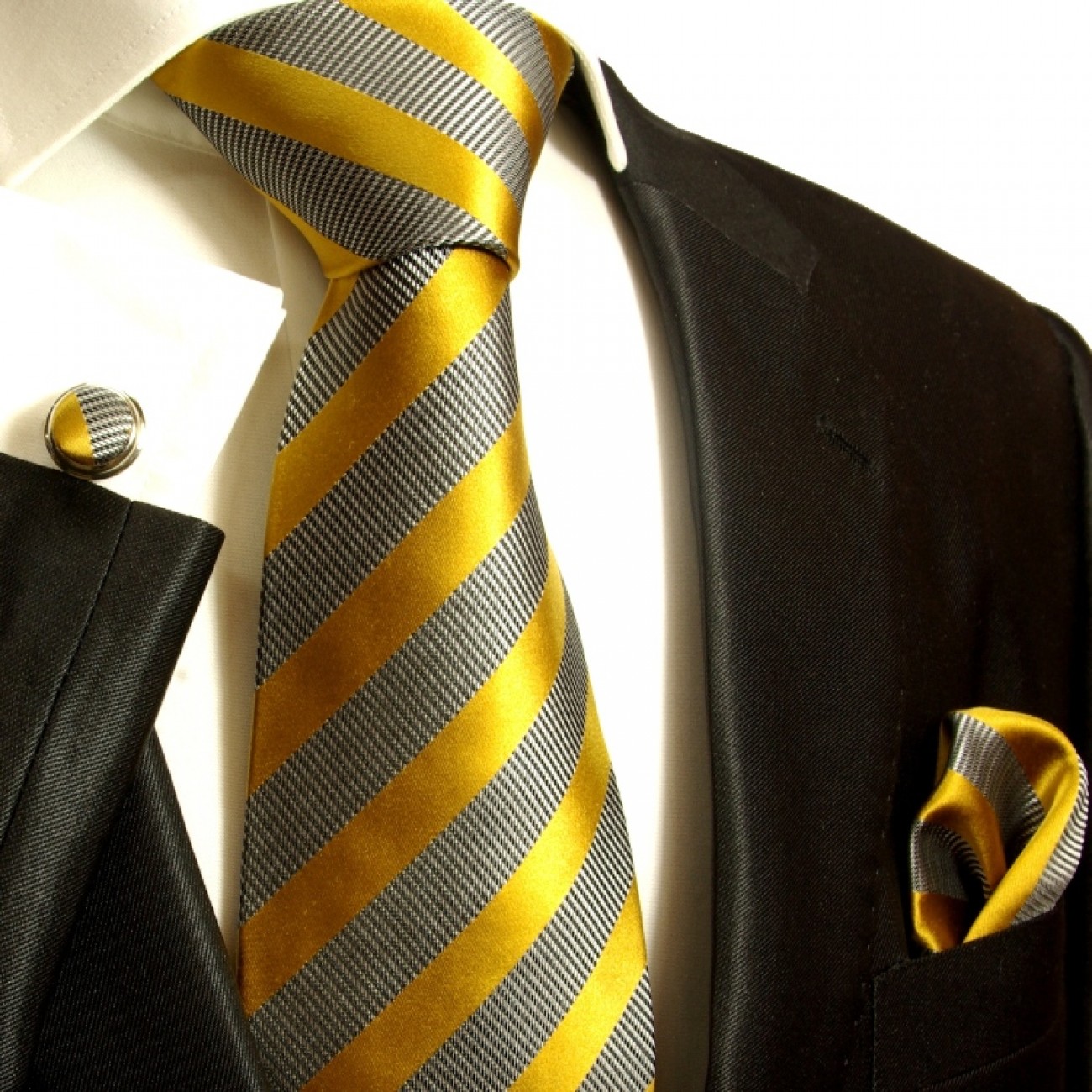 Krawatte gold grau gestreift Seidenkrawatte - Seide - Krawatte mit Einstecktuch und Manschettenknöpfe