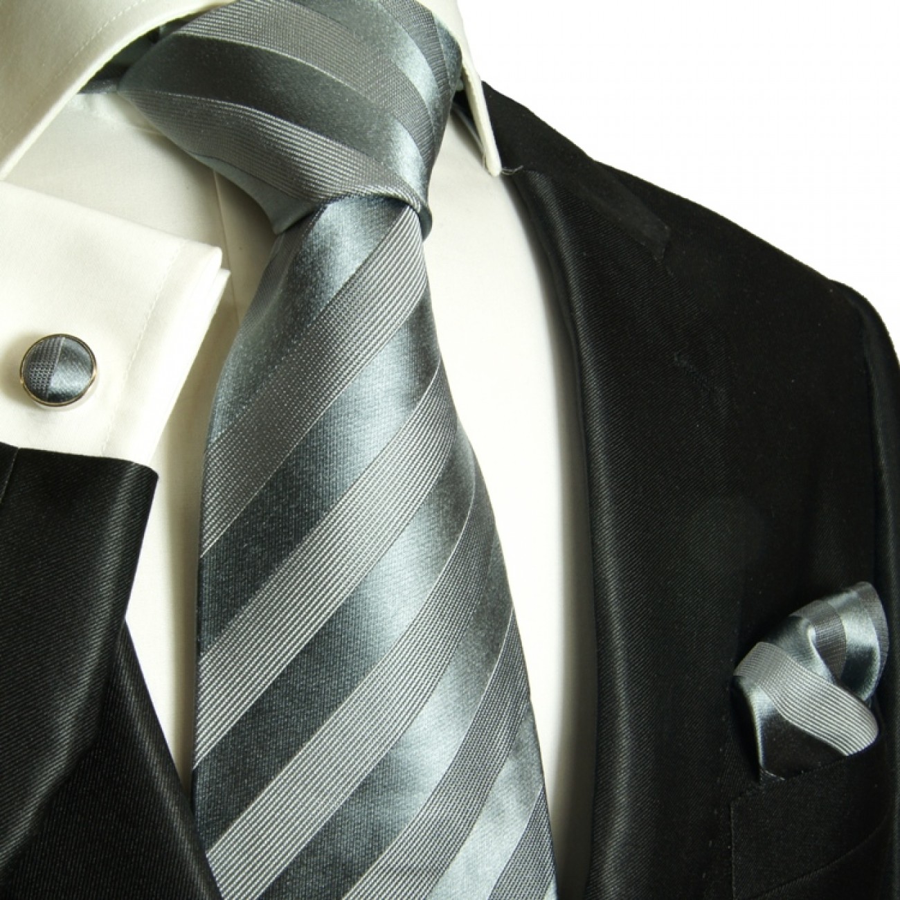 silver gray mens tie striped necktie - silk tie and pocket square and cufflinks