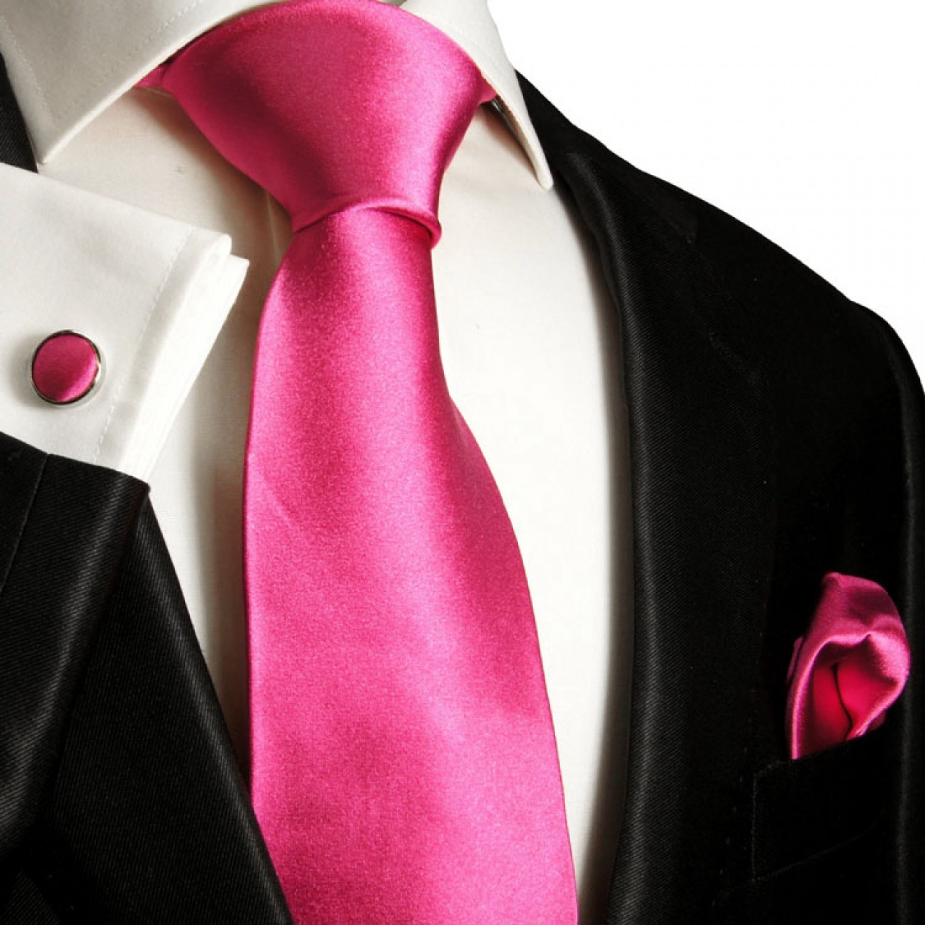 Krawatte pink uni Seidenkrawatte - Seide - Krawatte mit Einstecktuch und Manschettenknöpfe